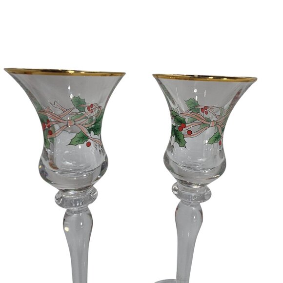 2 Mikasa Ribbon Holly Candlestick Holder 7.75" Christmas Holiday vtg 90s Gold Tr - Picture 6 of 7